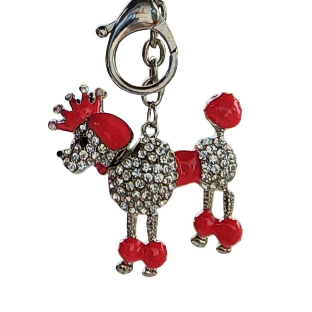 Silver Tone Crown Rhinestone Studded Poodle Princess Keychain Bag Charm
